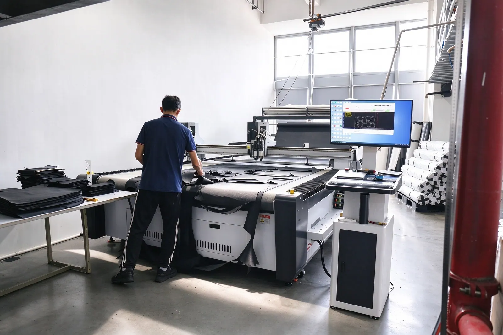 A worker handling textile pieces at a cutting table with a computer screen